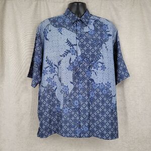 Harni Indonesian Batik Shirt Vintage Men's Blue Floral Button Down Shirt